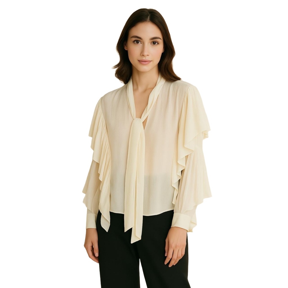 ZARA Women's Cream Sheer Ruffled Tie Neck Long Sleeve Blouse Top Size USA XS